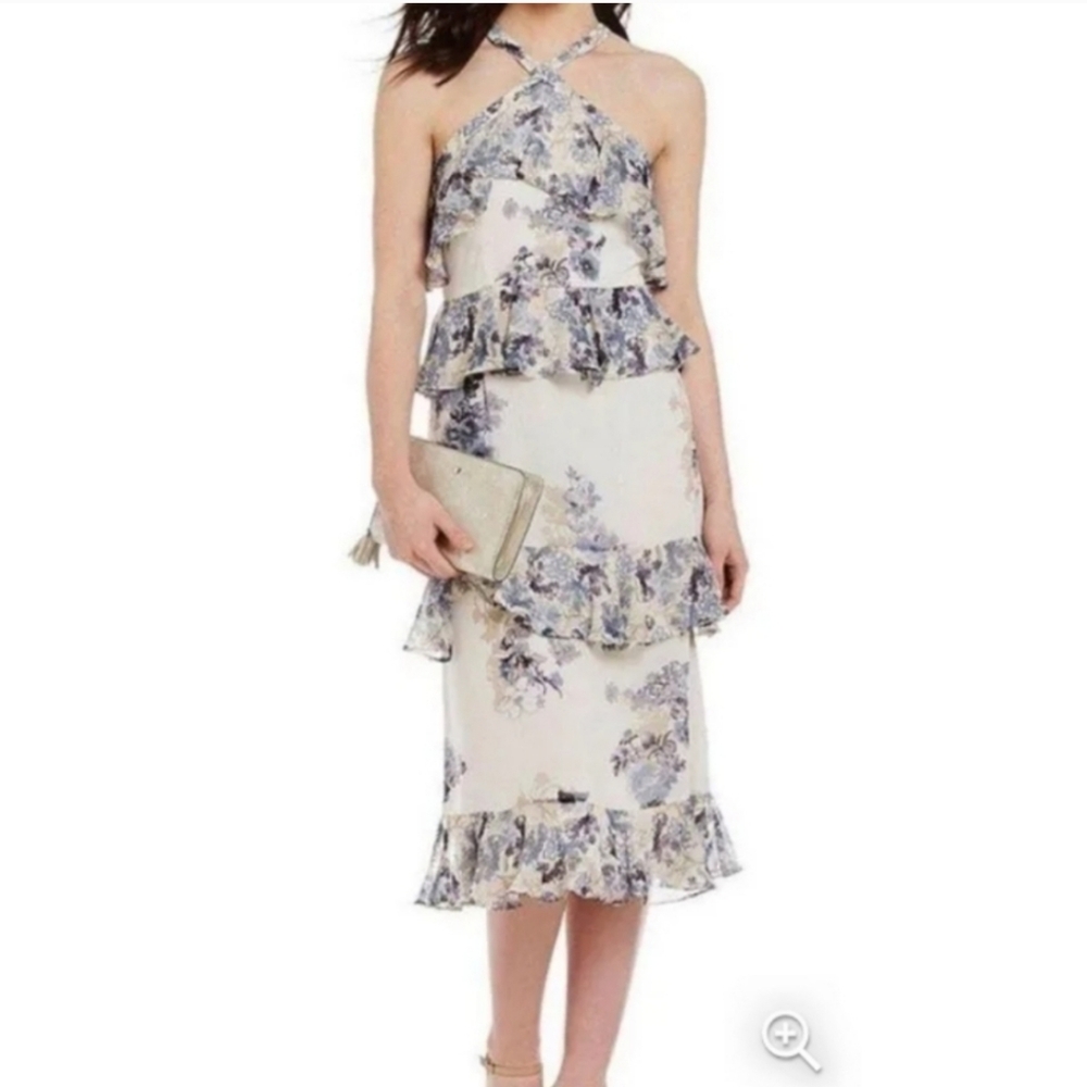 Gianni Bini Halter Floral Midi Dress | Size 0 | New With Tags| Tiered|Hidden Zip